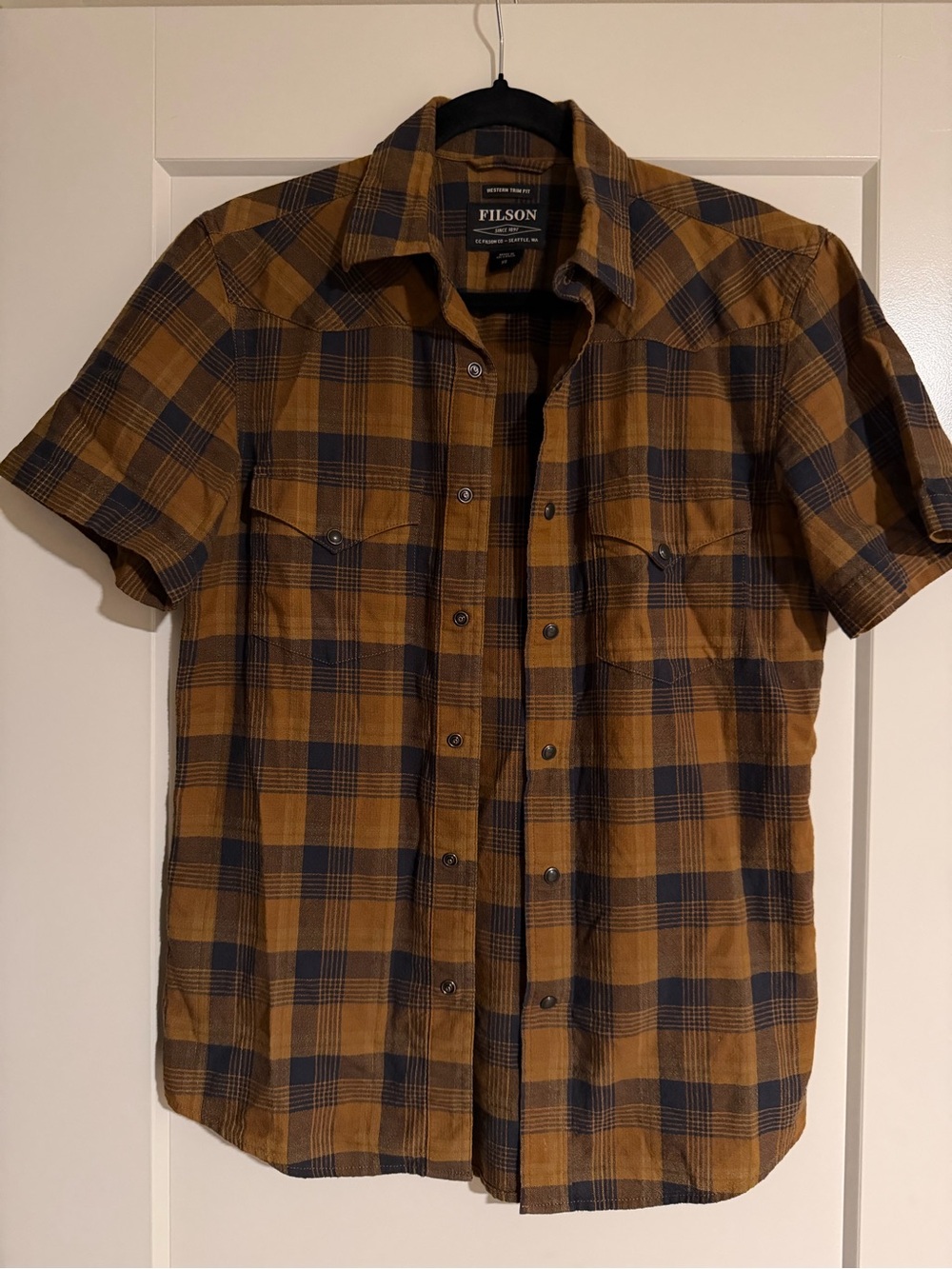 Filson Brown and Navy Short-Sleeve Plaid Button-Down Shirt Western